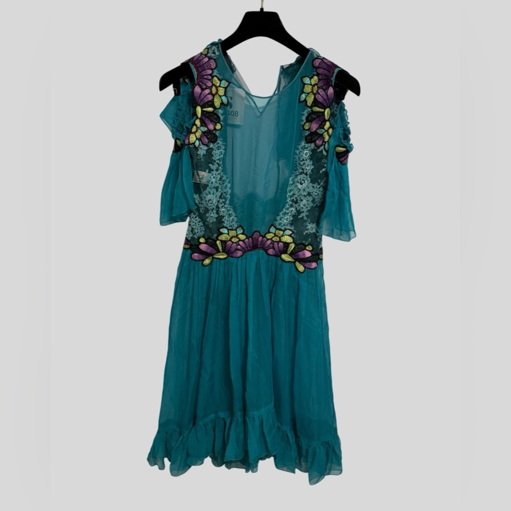 Alberta Ferretti Teal Lace & Embroidered Chiffon Dress — Size 2 / IT 38
